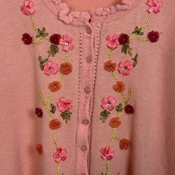 Betsey Johnson Vintage Pink Knit Cardigan Floral Embroidered Sweater whimsy sm - Picture 5 of 12